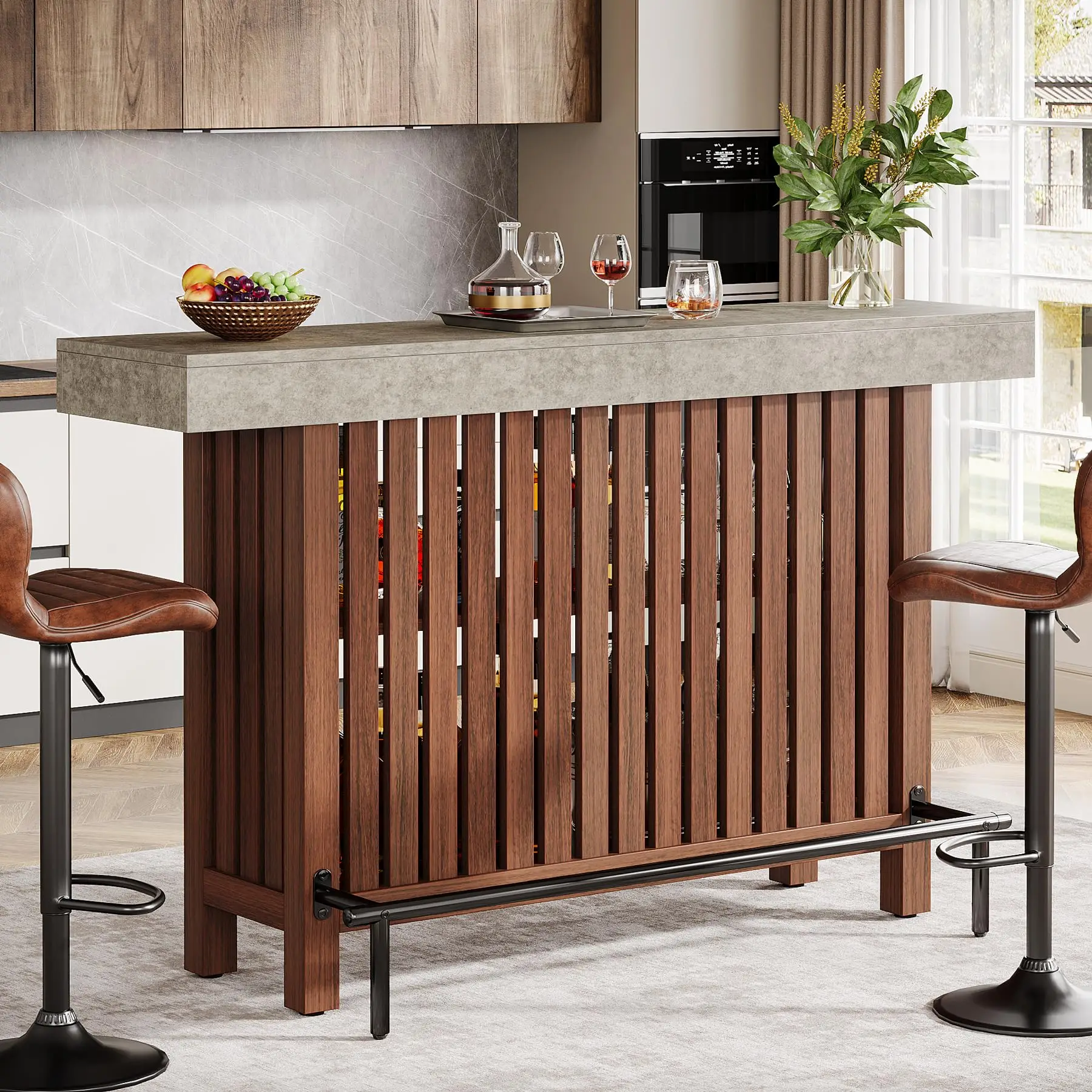 63 Inch Modern Home Bar Unit With Footrest, 2-Tier Wine Bar Table For Kitchen Living Room
63 Inch Modern Home Bar Unit With Footrest, 2-Tier Wine Bar Table For Kitchen Living Room