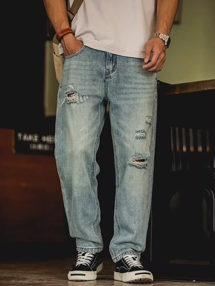 Retro American Large Size Men's Jeans Distressed Nine Points Summer New Monkey Washed Cone Shape Jeans Casual Loose Fit
Retro American Large Size Men's Jeans Distressed Nine Points Summer New Monkey Washed Cone Shape Jeans Casual Loose Fit