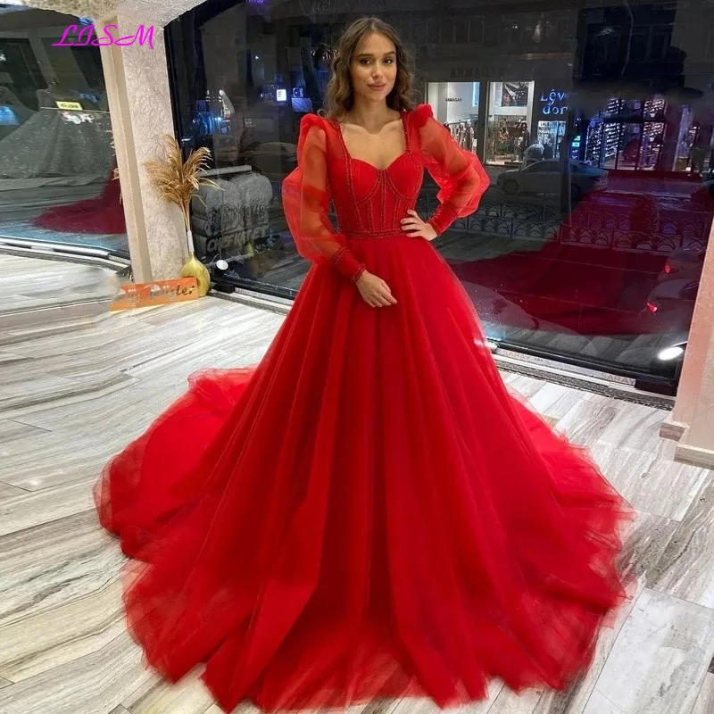 Red Tulle Prom Dresses 2023 Gorgeous Beads Square Neckline Long Sleeve Glitter Evening Dress Lace Up Back Long Formal Party Gown
Red Tulle Prom Dresses 2023 Gorgeous Beads Square Neckline Long Sleeve Glitter Evening Dress Lace Up Back Long Formal Party Gown