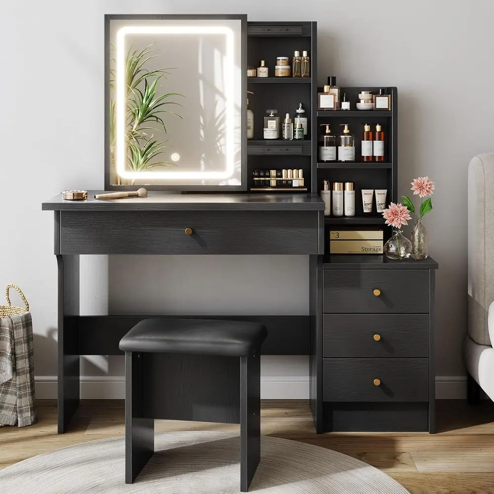 Adjustable Lighted Makeup Vanity Desk with Sliding Mirror, 4 Drawers, 7 Shelves, Vanity Chair, Black
Adjustable Lighted Makeup Vanity Desk with Sliding Mirror, 4 Drawers, 7 Shelves, Vanity Chair, Black