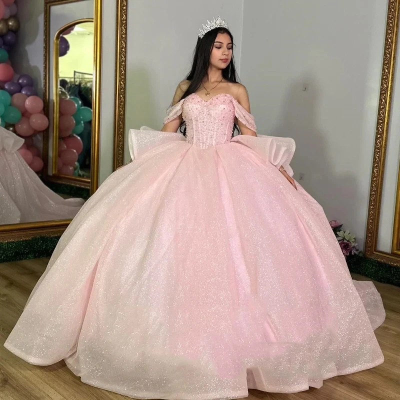 Pink Shiny Sweetheart Quinceanera Dress Off The Shoulder Beads Crystal Tull Lace Up Sweet 16 Vestidos 15 De Xv Años
Pink Shiny Sweetheart Quinceanera Dress Off The Shoulder Beads Crystal Tull Lace Up Sweet 16 Vestidos 15 De Xv Años