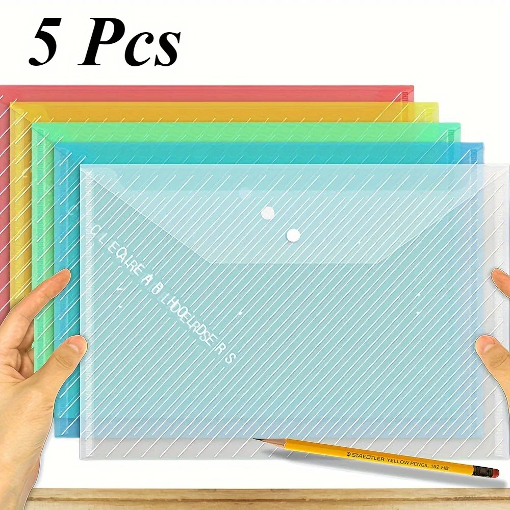 Set of 5 assorted-color transparent A4 document pouches, available in multiple colors, with snap closures, made of durable plastic
Set of 5 assorted-color transparent A4 document pouches, available in multiple colors, with snap closures, made of durable plastic