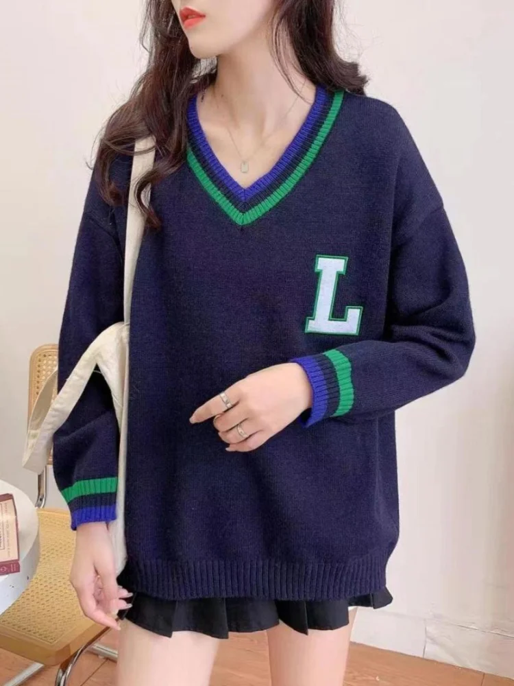 Korean Preppy Style V-neck Sweater Loose Winter Knitting Pullover Navy Gray Long Sleeve Baseball Jumper Tops E-girl Casual Women
Korean Preppy Style V-neck Sweater Loose Winter Knitting Pullover Navy Gray Long Sleeve Baseball Jumper Tops E-girl Casual Women