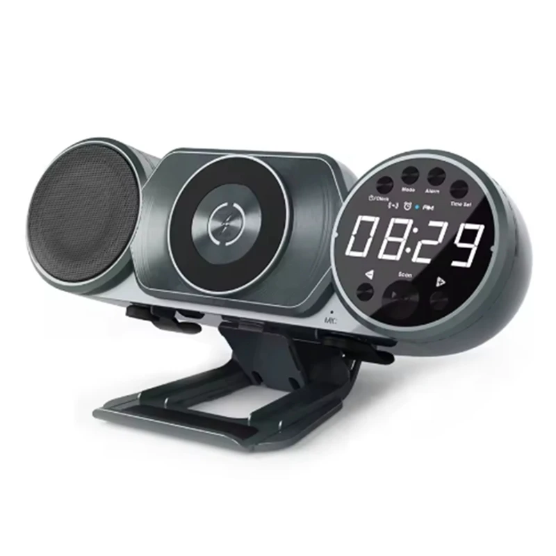 Новинка 2025 года, беспроводная зарядка, Bluetooth-динамик, FM-радио, TF AUX, USB, будильник без помощи рук, украшение, звуковая коробка с окружающим освещением
Новинка 2025 года, беспроводная зарядка, Bluetooth-динамик, FM-радио, TF AUX, USB, будильник без помощи рук, украшение, звуковая коробка с окружающим освещением