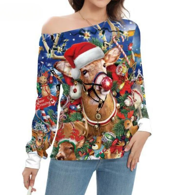 Elk Long Sleeve Christmas T-Shirts for Women Holiday Party Tee Off Shoulder Shirts Tops Autumn Female Clothes Xmas Gifts
Elk Long Sleeve Christmas T-Shirts for Women Holiday Party Tee Off Shoulder Shirts Tops Autumn Female Clothes Xmas Gifts