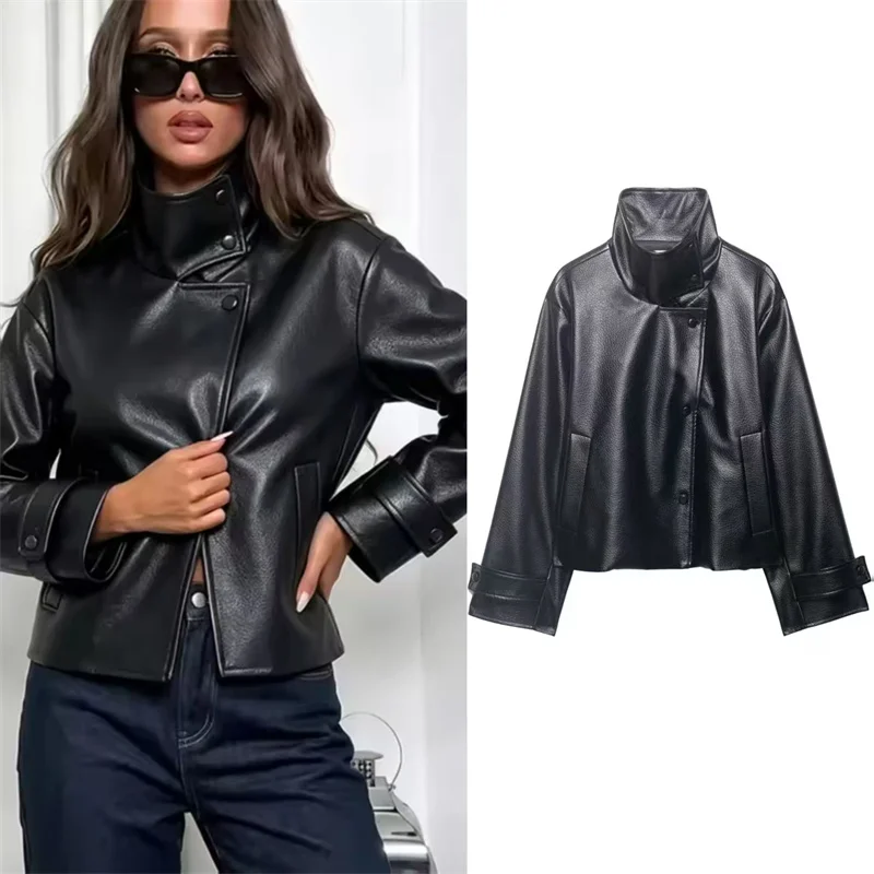 Women's Jacket 2026 Summer New Black Long-Sleeve Faux Leather Stand Collar Biker Style Jacket Casual Fashion Versatile
Women's Jacket 2026 Summer New Black Long-Sleeve Faux Leather Stand Collar Biker Style Jacket Casual Fashion Versatile