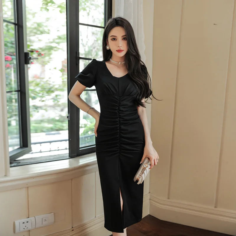 Summer Dresses for Women V Neck Short Sleeve Dress Elegant High End Womans Clothing Chic Folds Office Bodycon Dress Vestidos
Summer Dresses for Women V Neck Short Sleeve Dress Elegant High End Womans Clothing Chic Folds Office Bodycon Dress Vestidos
