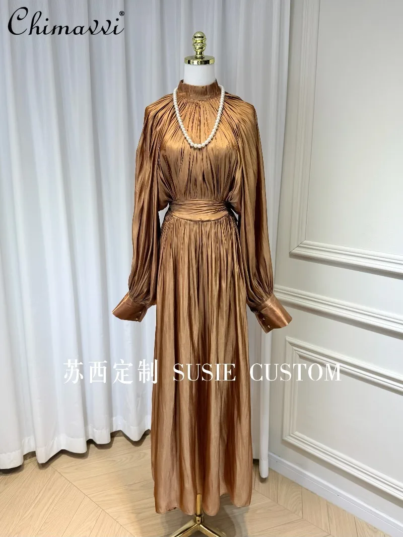 French Retro Palace Stand Collar Pleated Waist Tie Lantern Sleeves Large Swing Long Dress High Waist Elegant Vacation Dress
French Retro Palace Stand Collar Pleated Waist Tie Lantern Sleeves Large Swing Long Dress High Waist Elegant Vacation Dress