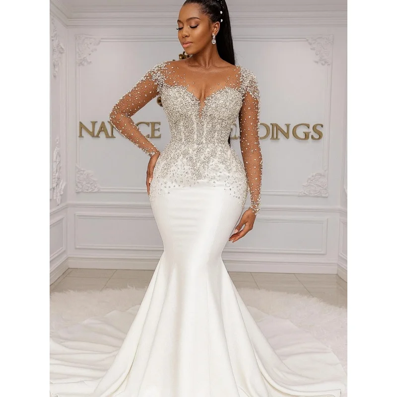 Customize 2026 African white luxury satin mermaid wedding dress with rhinestone bead embroidery decoration Vestido de Novia
Customize 2026 African white luxury satin mermaid wedding dress with rhinestone bead embroidery decoration Vestido de Novia