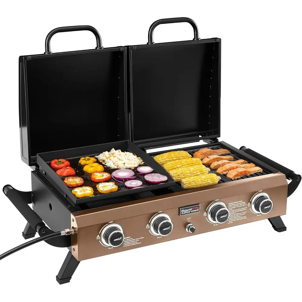 Portable 4-Burner Propane Gas Grill & Griddle Combo with Hood, 40,000 BTU, Bronze Gold, Ideal for Outdoor Cooking
Portable 4-Burner Propane Gas Grill & Griddle Combo with Hood, 40,000 BTU, Bronze Gold, Ideal for Outdoor Cooking