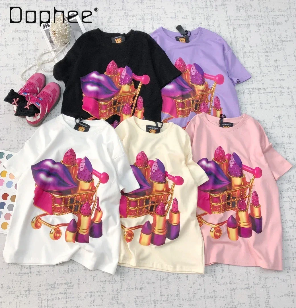 Spring and Summer New Trendy Brand Design Sense Diamond-encrusted Lipstick Printing Casual Loose Short-sleeved T-shirt Women Top
Spring and Summer New Trendy Brand Design Sense Diamond-encrusted Lipstick Printing Casual Loose Short-sleeved T-shirt Women Top