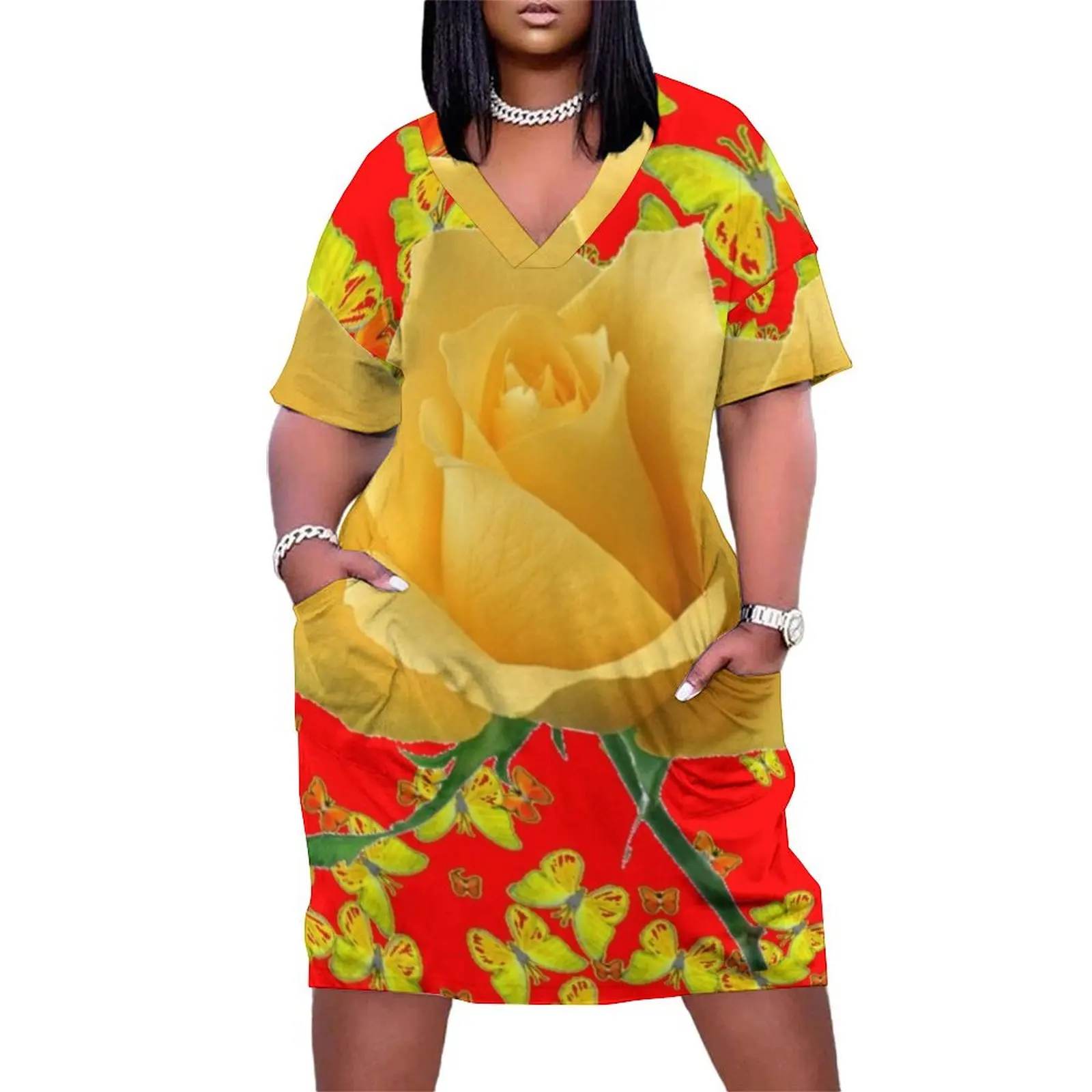 YELLOW GARDEN ROSE, BUTTERFLIES ON RED ART Loose Pocket Dress Elegant gown Women's summer skirt
YELLOW GARDEN ROSE, BUTTERFLIES ON RED ART Loose Pocket Dress Elegant gown Women's summer skirt