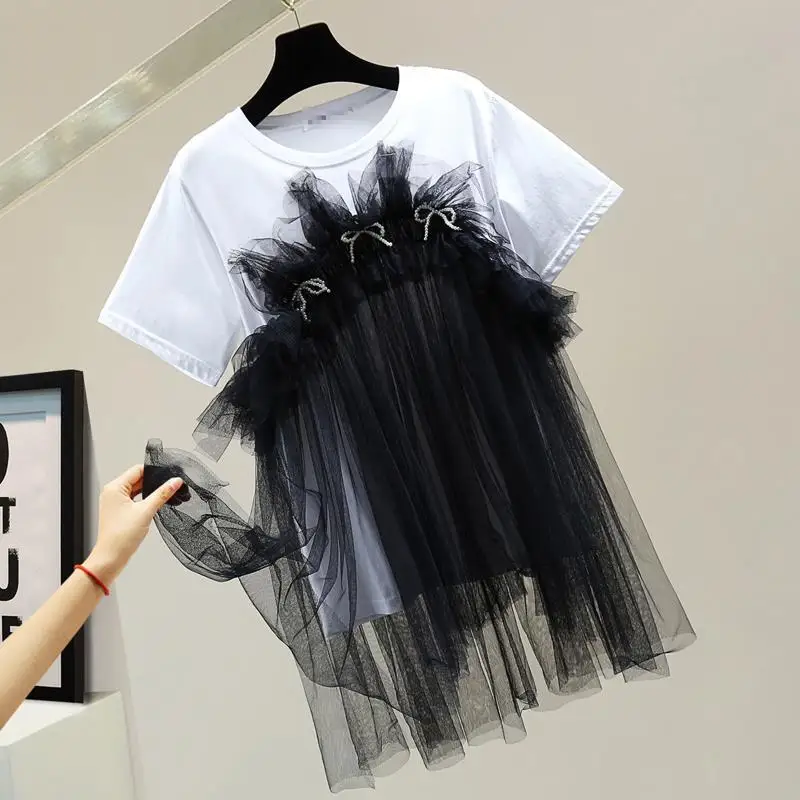 SuperAen Mid-length Mesh Patchwork Short-sleeved T-shirt 2025 Summer New Korean Style Loose and Slim Sweet Bow Fashion T-shirts
SuperAen Mid-length Mesh Patchwork Short-sleeved T-shirt 2025 Summer New Korean Style Loose and Slim Sweet Bow Fashion T-shirts