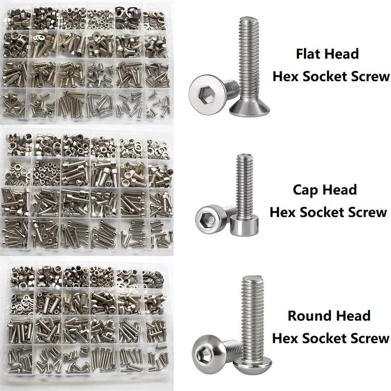 Stainless Steel Allen Key Head Screw Kit Flat Countersunk / Button Round / Cap Head Hexagon Hex Socket Screw Bolt Nut Washer Set
Stainless Steel Allen Key Head Screw Kit Flat Countersunk / Button Round / Cap Head Hexagon Hex Socket Screw Bolt Nut Washer Set