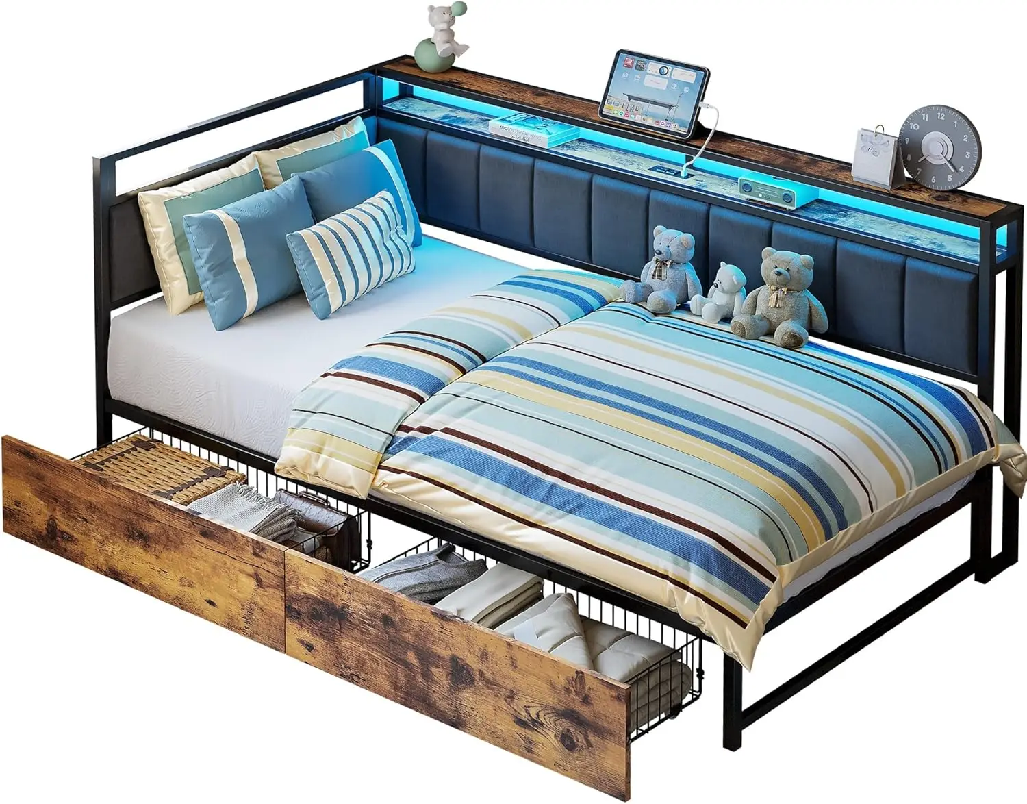 Corner Bed Frame Twin Daybed with Storage Drawers Metal Platform Bed Frame with LED Light Charging Station Fabric Upholstered
Corner Bed Frame Twin Daybed with Storage Drawers Metal Platform Bed Frame with LED Light Charging Station Fabric Upholstered