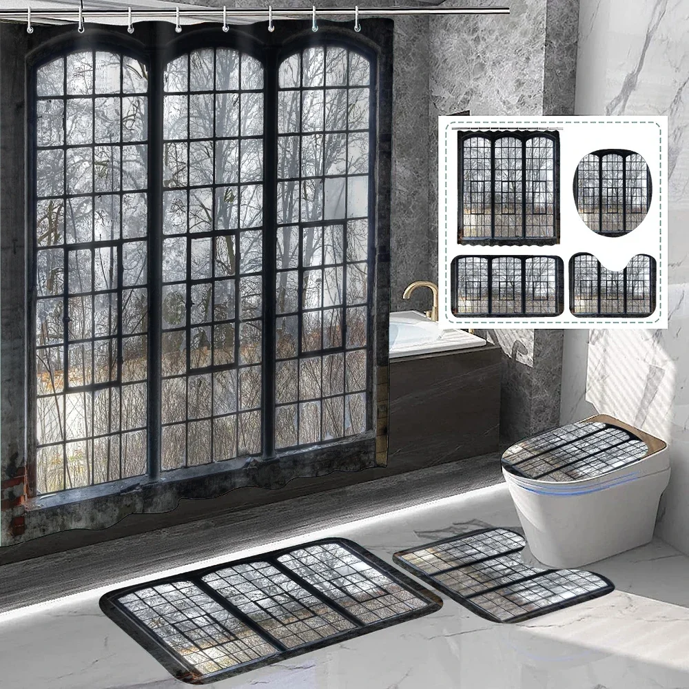 4-piece gray imitation window forest printed waterproof shower curtain with 12 hooks and bathroom floor mat
4-piece gray imitation window forest printed waterproof shower curtain with 12 hooks and bathroom floor mat