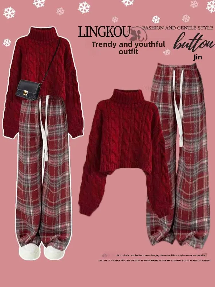 plus Size Women's Spring Autumn Set High Waist High Collar Red Sweater with Plaid Wide Leg Pants Two Piece Set Slimming Effect
plus Size Women's Spring Autumn Set High Waist High Collar Red Sweater with Plaid Wide Leg Pants Two Piece Set Slimming Effect