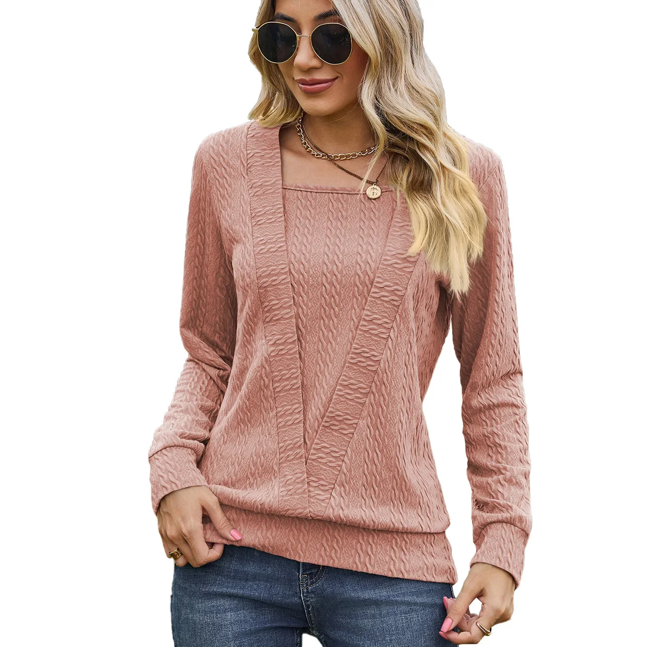 Women's Long Sleeve Loose T-shirt, Monochromatic Tops, Square Neck, Spring, Autumn
Women's Long Sleeve Loose T-shirt, Monochromatic Tops, Square Neck, Spring, Autumn