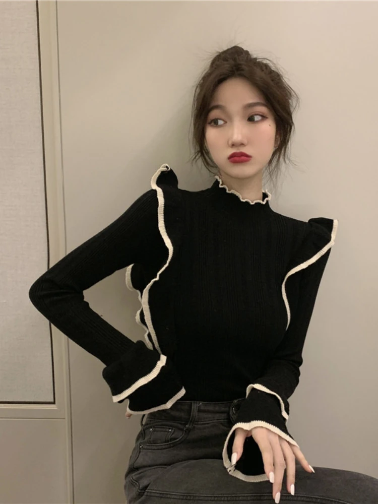 French Elegant Thin Pullovers Ruffles Contrast Color Half High Collar Flare Sleeve Sweaters Spring Autumn 2024 Women's Clothing
French Elegant Thin Pullovers Ruffles Contrast Color Half High Collar Flare Sleeve Sweaters Spring Autumn 2024 Women's Clothing
