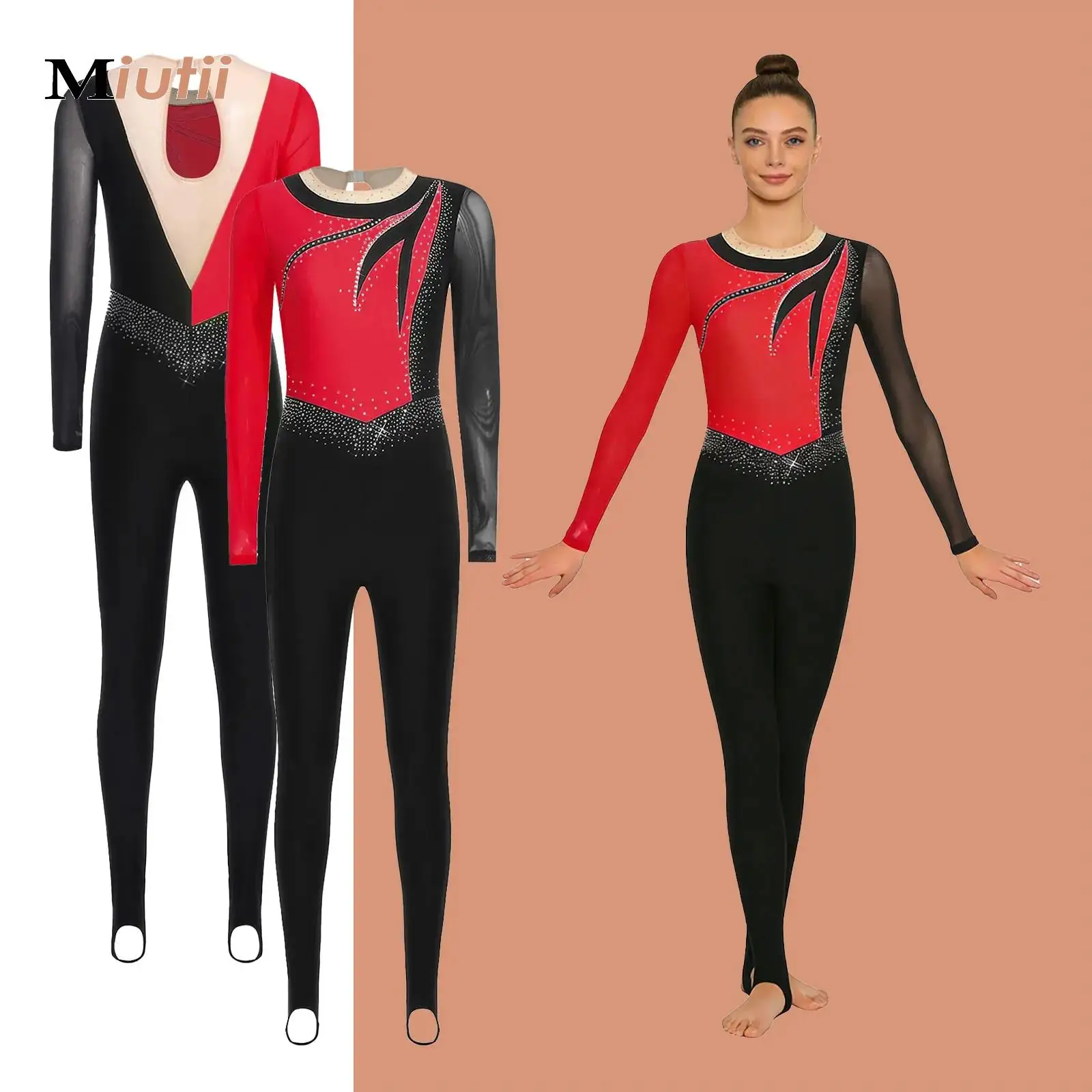 Женский гимнастический костюм для выступлений, сетчатый лоскутный костюм с длинными рукавами, блестящие стразы, танцевальные леггинсы со стременами, боди, комбинезоны
Женский гимнастический костюм для выступлений, сетчатый лоскутный костюм с длинными рукавами, блестящие стразы, танцевальные леггинсы со стременами, боди, комбинезоны