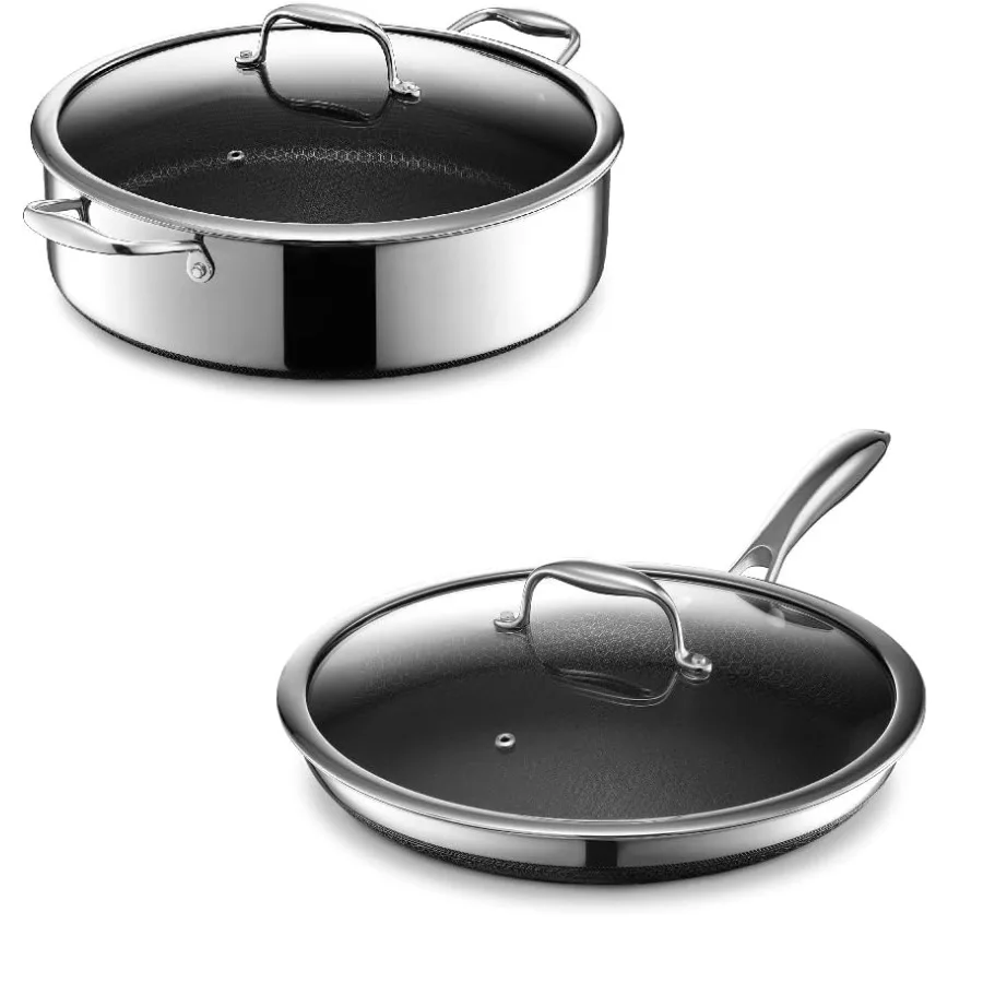 Kitchen cookware set: hybrid nonstick, black, scratch-resistant surface for stovetop, oven, dishwasher, and induction use
Kitchen cookware set: hybrid nonstick, black, scratch-resistant surface for stovetop, oven, dishwasher, and induction use