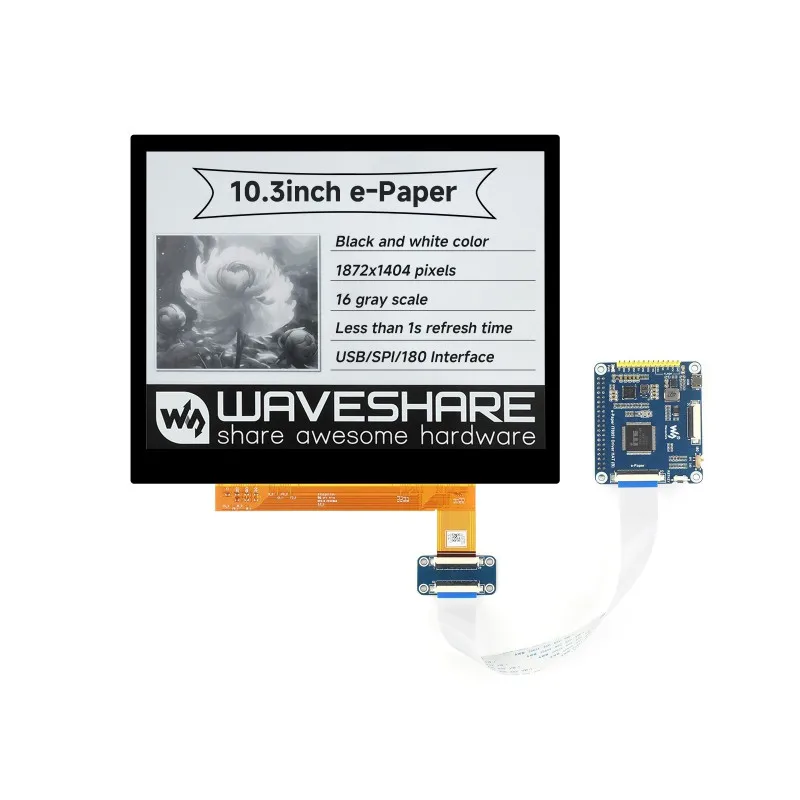 10.3inch e-Paper E-Ink Display (G), 1872×1404 pixels, Black / White, Optical Bonding Toughened Glass Panel, 2-16 Grey Scales
10.3inch e-Paper E-Ink Display (G), 1872×1404 pixels, Black / White, Optical Bonding Toughened Glass Panel, 2-16 Grey Scales