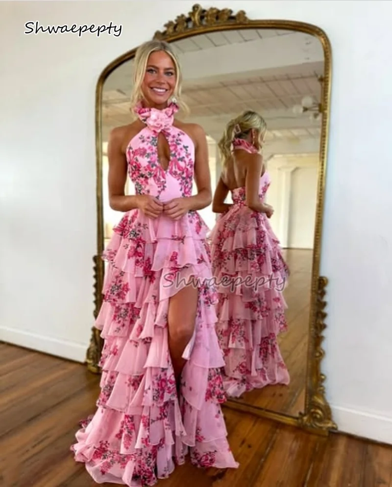 Customized Floral Printed Long Ruffles Prom Dress Halter Neck Backless Tiered Sexy Evening Gown Side Slit Customized Party Wear
Customized Floral Printed Long Ruffles Prom Dress Halter Neck Backless Tiered Sexy Evening Gown Side Slit Customized Party Wear
