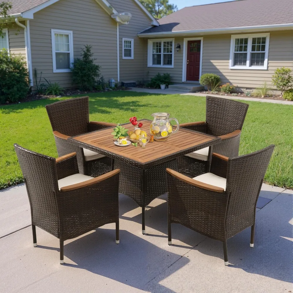 Rattan Outdoor Dining Set with 5 Pieces, Acacia Wood Top Table and Metal Chairs
Rattan Outdoor Dining Set with 5 Pieces, Acacia Wood Top Table and Metal Chairs