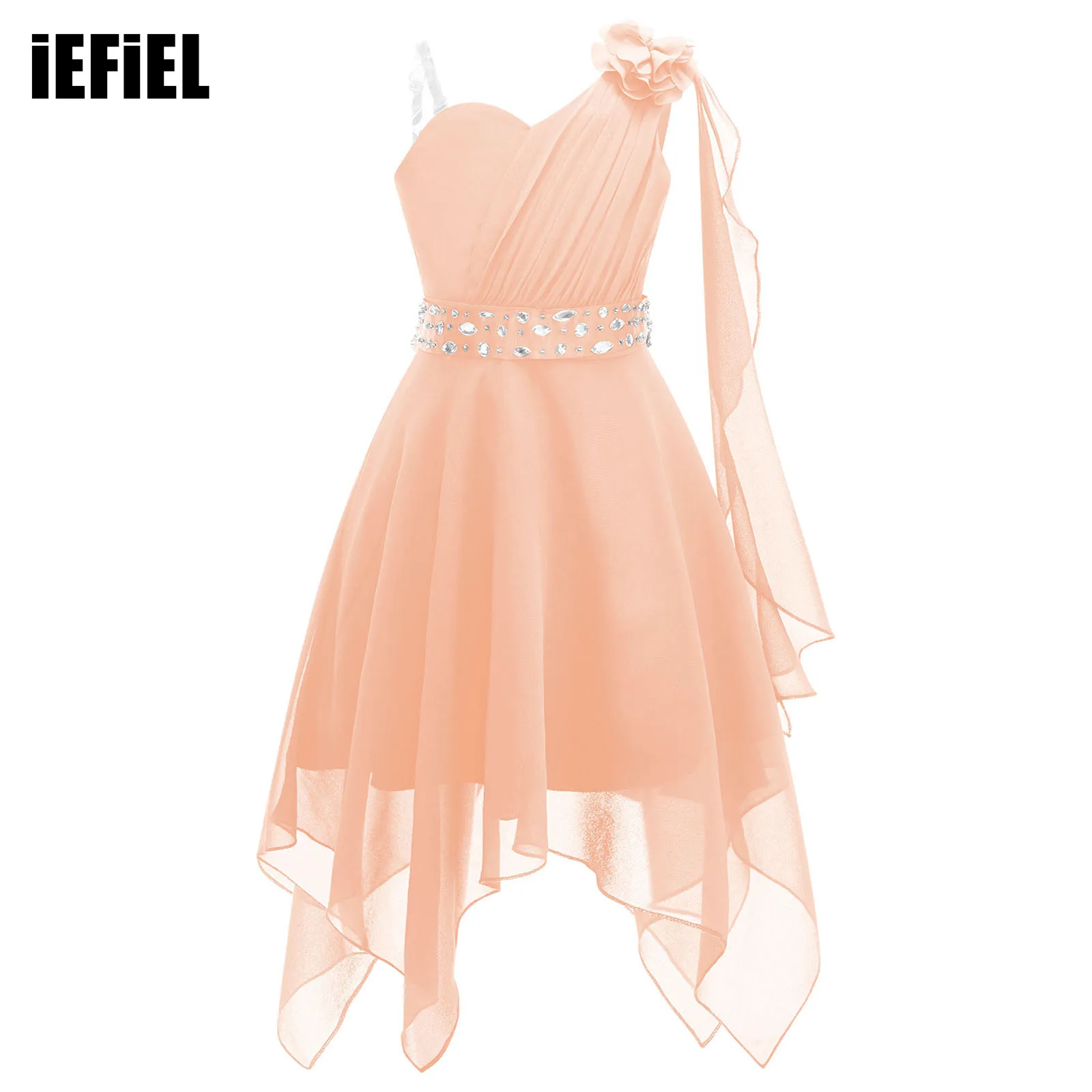 Kid Girls Chiffon Party Dress One Shoulder Asymmetrical Hem Applique Party Clothing with Shiny Crystal Belt Decoration
Kid Girls Chiffon Party Dress One Shoulder Asymmetrical Hem Applique Party Clothing with Shiny Crystal Belt Decoration