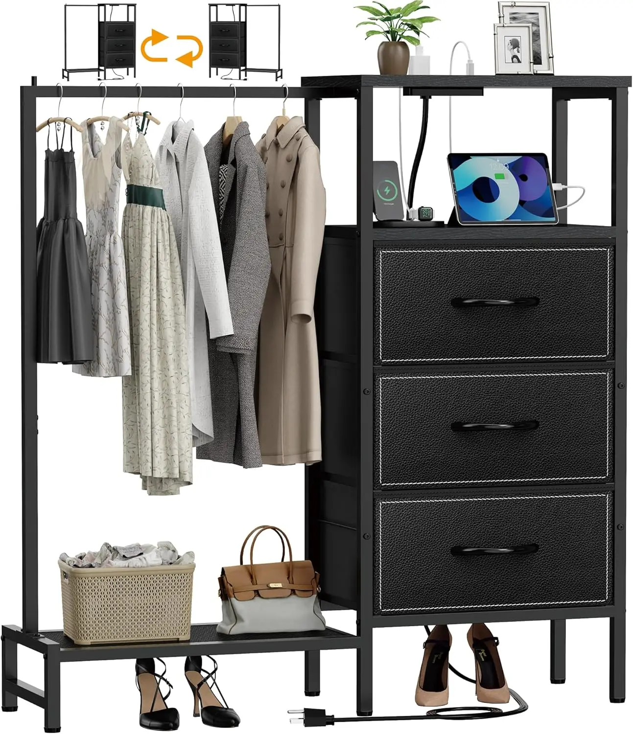 Dresser for Bedroom with Hanging Rack, 3 Drawers Closet with Charging Station, Fabric Chest of Drawers with Clothes Rack, Sto
Dresser for Bedroom with Hanging Rack, 3 Drawers Closet with Charging Station, Fabric Chest of Drawers with Clothes Rack, Sto