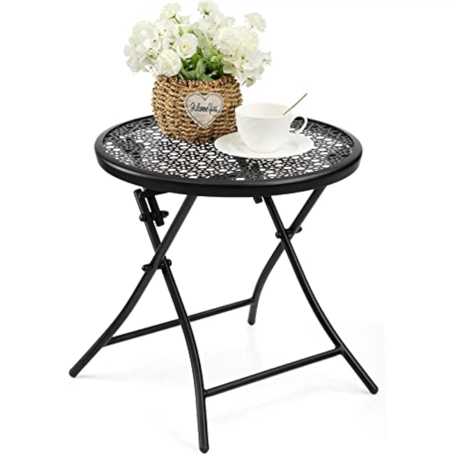 Folding Outdoor Side Tables Anti Rust Small Patio Table Round Metal Nightstand Flower Cutouts Porch Yard Balcony Deck Lawn Black
Folding Outdoor Side Tables Anti Rust Small Patio Table Round Metal Nightstand Flower Cutouts Porch Yard Balcony Deck Lawn Black