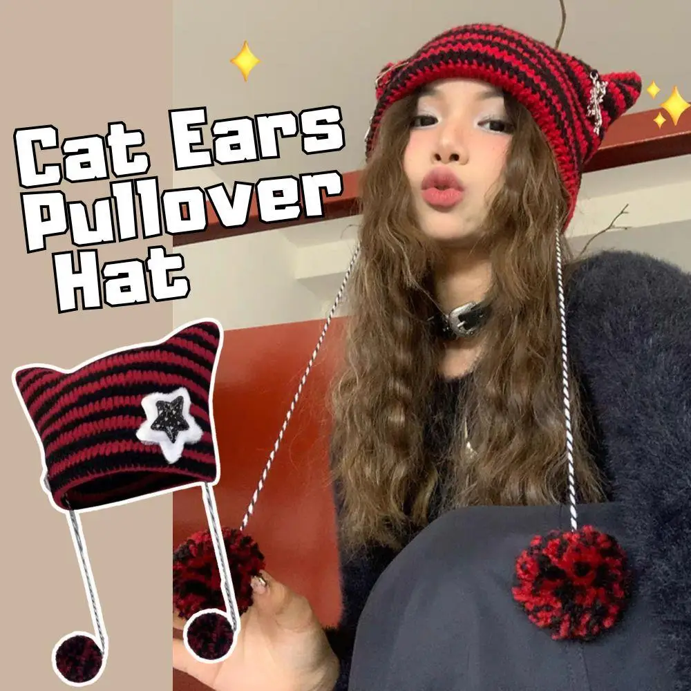 Hip-hop Cap Ear Striped Knitted Cap Soft Wool Crochet Knitting Hat Cute Cat Ears Pointed Pullover Hat Women's Hat Y2K Beanie Hat
Hip-hop Cap Ear Striped Knitted Cap Soft Wool Crochet Knitting Hat Cute Cat Ears Pointed Pullover Hat Women's Hat Y2K Beanie Hat