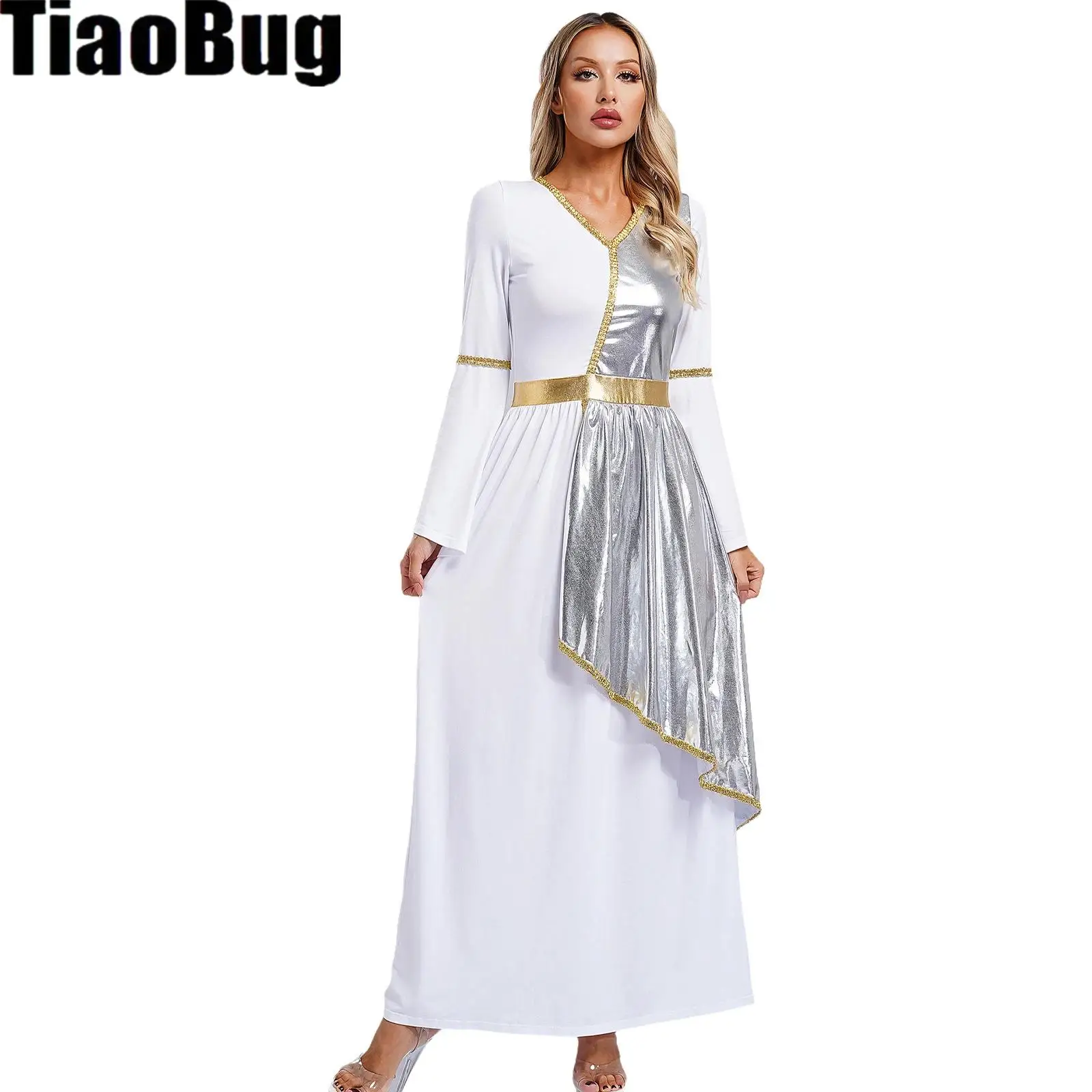 Womens Metallic Toga Dress Roman Beauty Halloween Cosplay Costume Greek V Neck Flare Sleeve Shiny Overlay Gold Trim Dress Robe
Womens Metallic Toga Dress Roman Beauty Halloween Cosplay Costume Greek V Neck Flare Sleeve Shiny Overlay Gold Trim Dress Robe