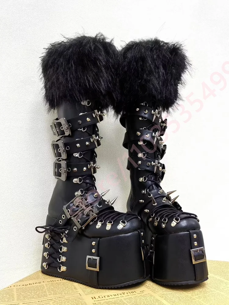 2026 New Faux Fur Gothic Platform Knee High Boots for Women with Spiked Buckle Design Extreme Chunky Wedge Heel Punk Style Shoes
2026 New Faux Fur Gothic Platform Knee High Boots for Women with Spiked Buckle Design Extreme Chunky Wedge Heel Punk Style Shoes