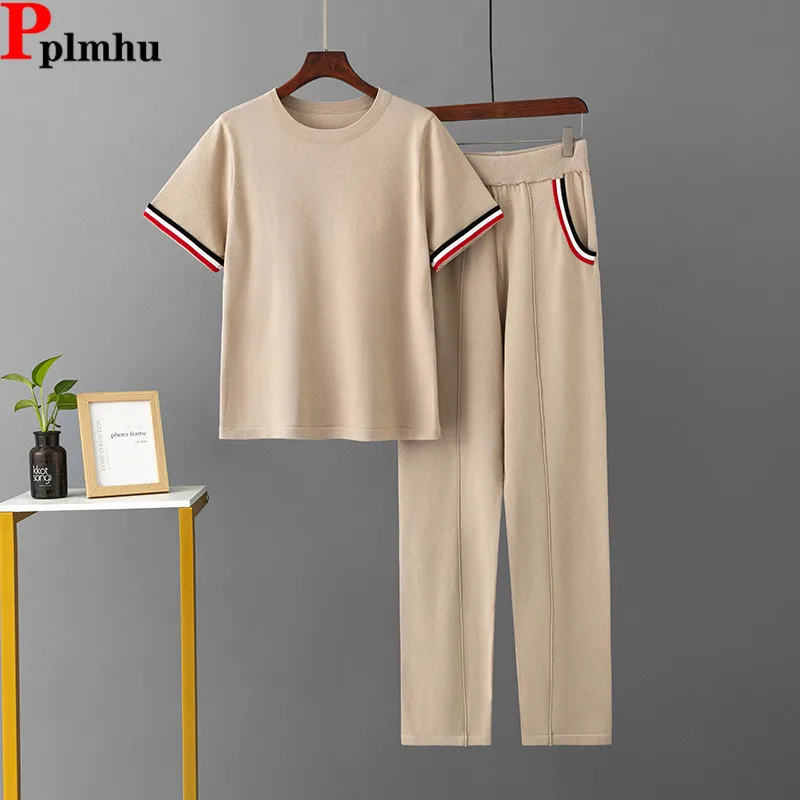 Ice Slik Knitted 2 Piece Sets Women O-neck Short Sleeve Knitwears T-shirts Tops Conjuntos Thin High Waist Harem Pants Outfit New
Ice Slik Knitted 2 Piece Sets Women O-neck Short Sleeve Knitwears T-shirts Tops Conjuntos Thin High Waist Harem Pants Outfit New