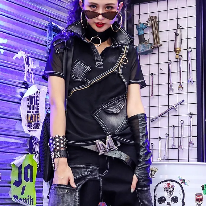2024 Summer New Thin Handsome Short Sleeve T-shirt Women Trendy Personalized Splicing Mesh Black Top Cool Style LX1735
2024 Summer New Thin Handsome Short Sleeve T-shirt Women Trendy Personalized Splicing Mesh Black Top Cool Style LX1735