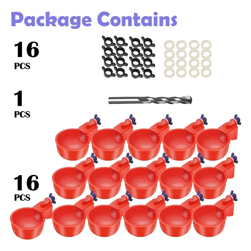 A46T 16 Pack Automatic Chicken Waterer Cups Poultry Waterers Poultry Water Feeder Chicken Water Cups with Drill Bit
A46T 16 Pack Automatic Chicken Waterer Cups Poultry Waterers Poultry Water Feeder Chicken Water Cups with Drill Bit