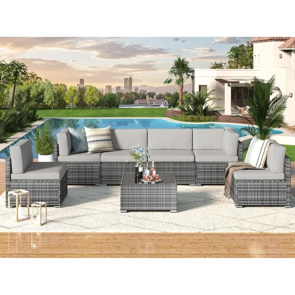 7 Piece Outdoor Patio Furniture Set, PE Rattan Outdoor Grey Wicker Furniture, Outdoor Sectional Furniture Chair Set
7 Piece Outdoor Patio Furniture Set, PE Rattan Outdoor Grey Wicker Furniture, Outdoor Sectional Furniture Chair Set