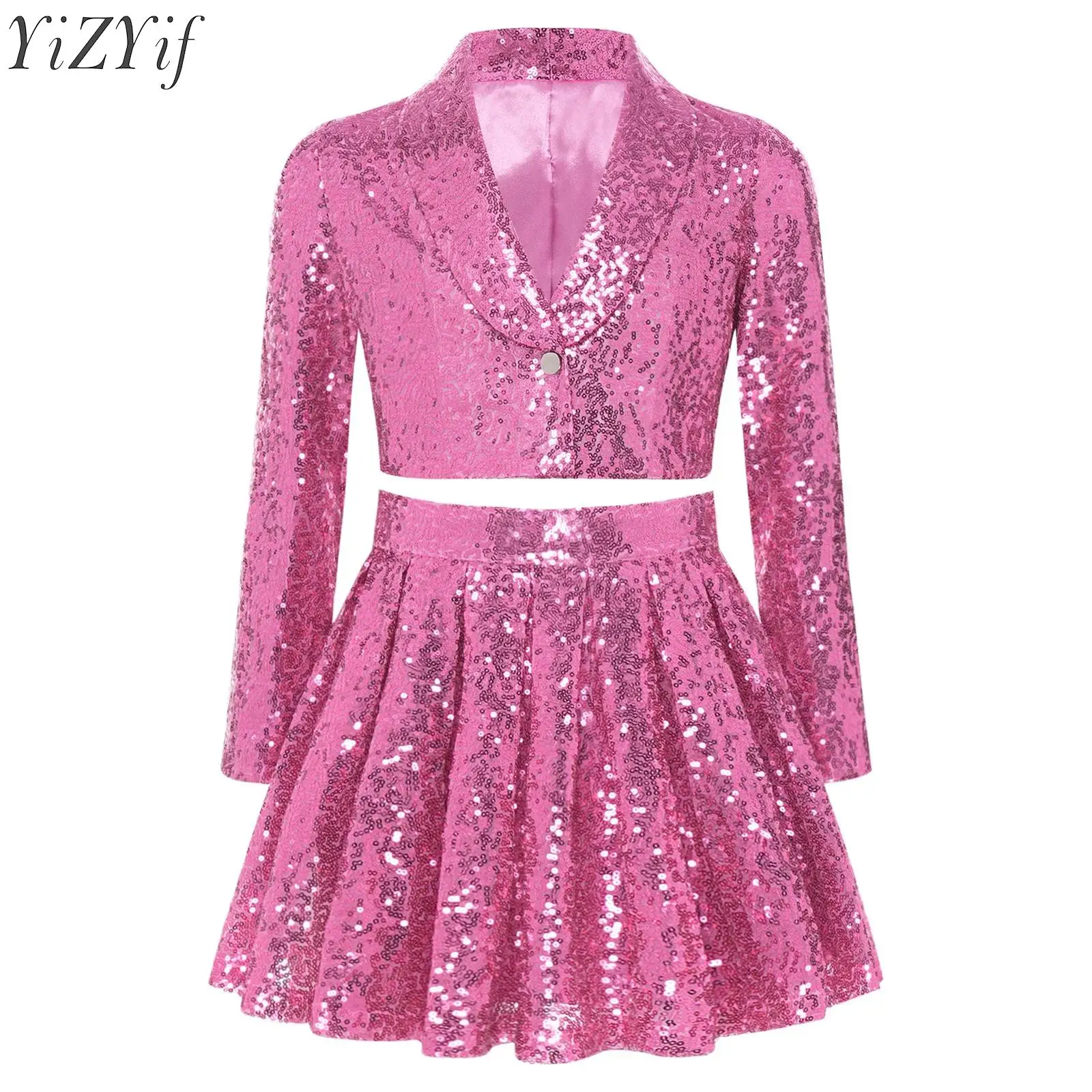 Kids Girls Glittery Sequin Latin Jazz Outfit Long Sleeve Cardigan Crop Jacket and Pleated Skirt Set for Figure Skating Ice Gala
Kids Girls Glittery Sequin Latin Jazz Outfit Long Sleeve Cardigan Crop Jacket and Pleated Skirt Set for Figure Skating Ice Gala