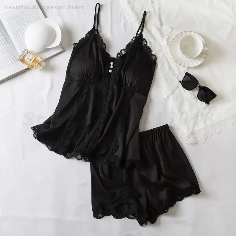 Sexy Lace Trim Pajama Set Summer Women's Suspender Sleepwear Strap Top&Shorts Intimate Lingerie Loose Casual Silk Satin Homewear
Sexy Lace Trim Pajama Set Summer Women's Suspender Sleepwear Strap Top&Shorts Intimate Lingerie Loose Casual Silk Satin Homewear