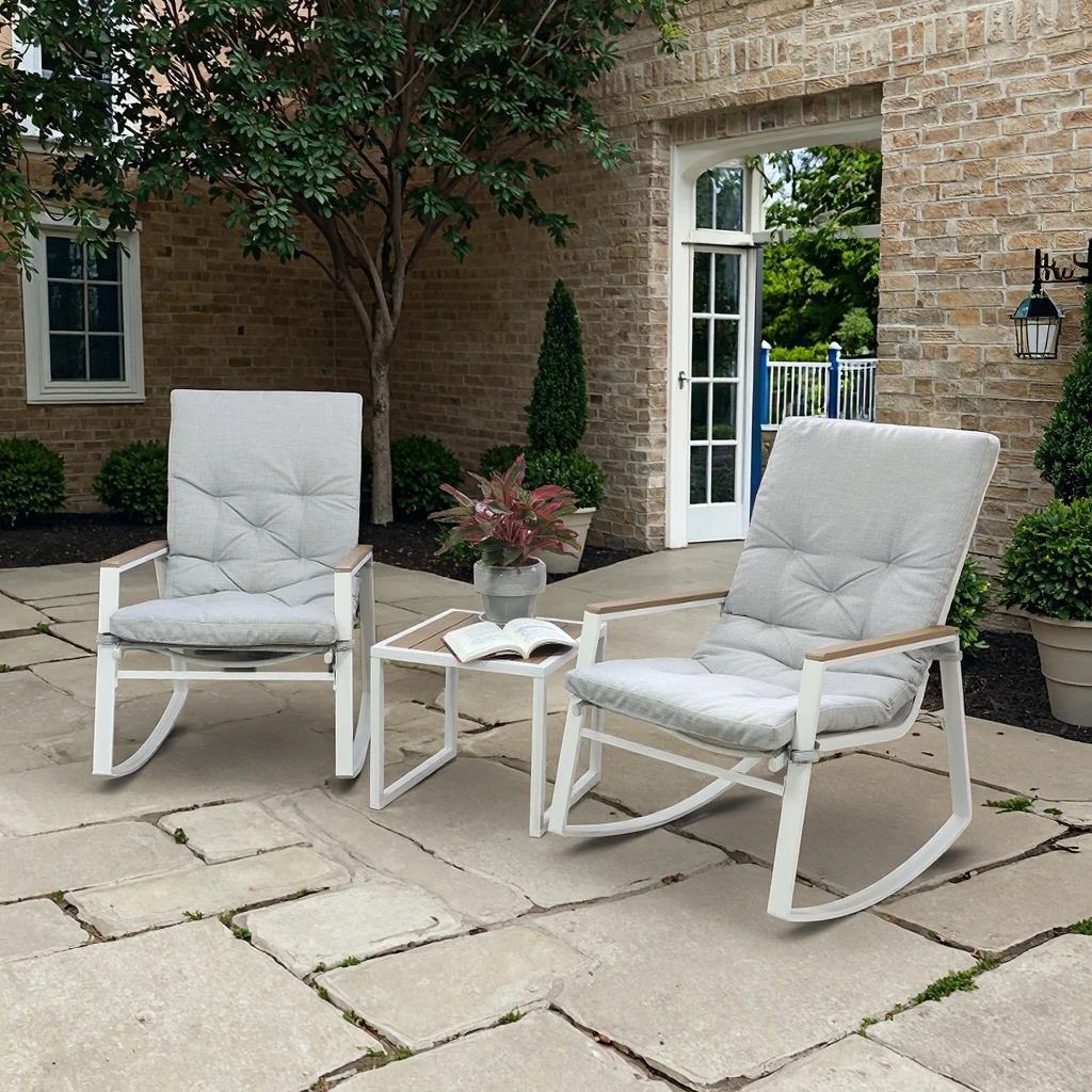 Modern 3-Piece Outdoor Gray Metal Bistro Set Includes Patio Rocking Chairs and Glass Table for Garden Patios or Courtyards
Modern 3-Piece Outdoor Gray Metal Bistro Set Includes Patio Rocking Chairs and Glass Table for Garden Patios or Courtyards