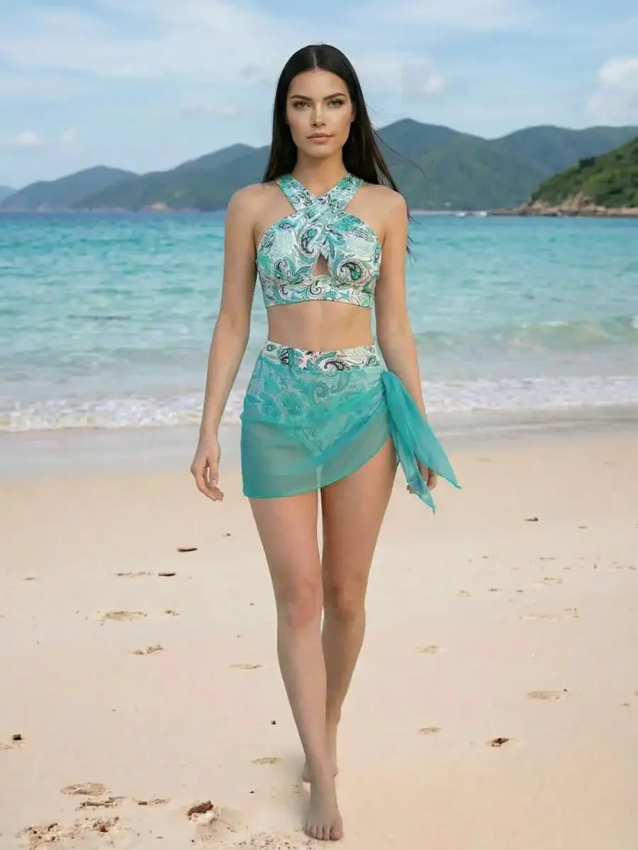 Women Two-Piece Swimsuit Set: Green White Paisley Print Cross-Strap Bikini With Mesh Apron For Beach
Women Two-Piece Swimsuit Set: Green White Paisley Print Cross-Strap Bikini With Mesh Apron For Beach
