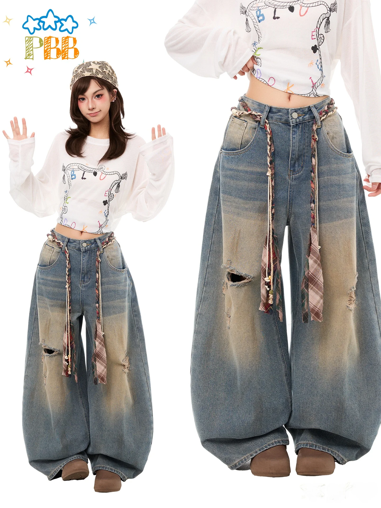 American Style Washed out Loose High Waist Women's Jeans with Belt Casual Wide Leg Pants Torn Denim Blue Street Style
American Style Washed out Loose High Waist Women's Jeans with Belt Casual Wide Leg Pants Torn Denim Blue Street Style