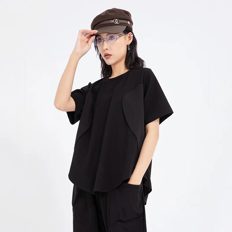 Asymmetric Splice Loose Women's T-shirt Short Sleeve Black Creative Design Casual Summer Fashion Breathable Comfortable Cotton
Asymmetric Splice Loose Women's T-shirt Short Sleeve Black Creative Design Casual Summer Fashion Breathable Comfortable Cotton