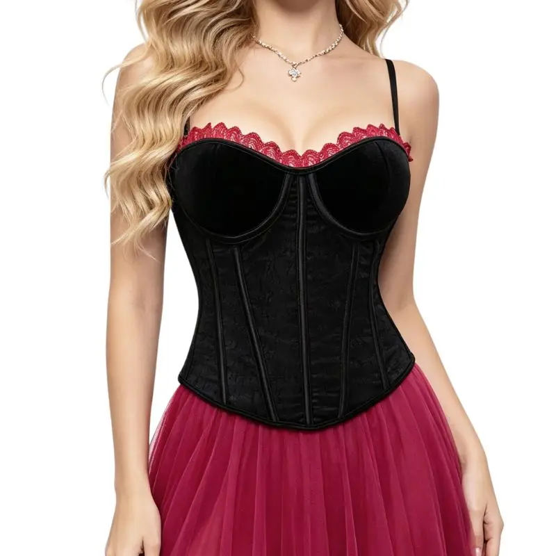 Black velvet red lace patchwork strapless corset with fishbone structure for strong waist compression and shaping of the body.
Black velvet red lace patchwork strapless corset with fishbone structure for strong waist compression and shaping of the body.