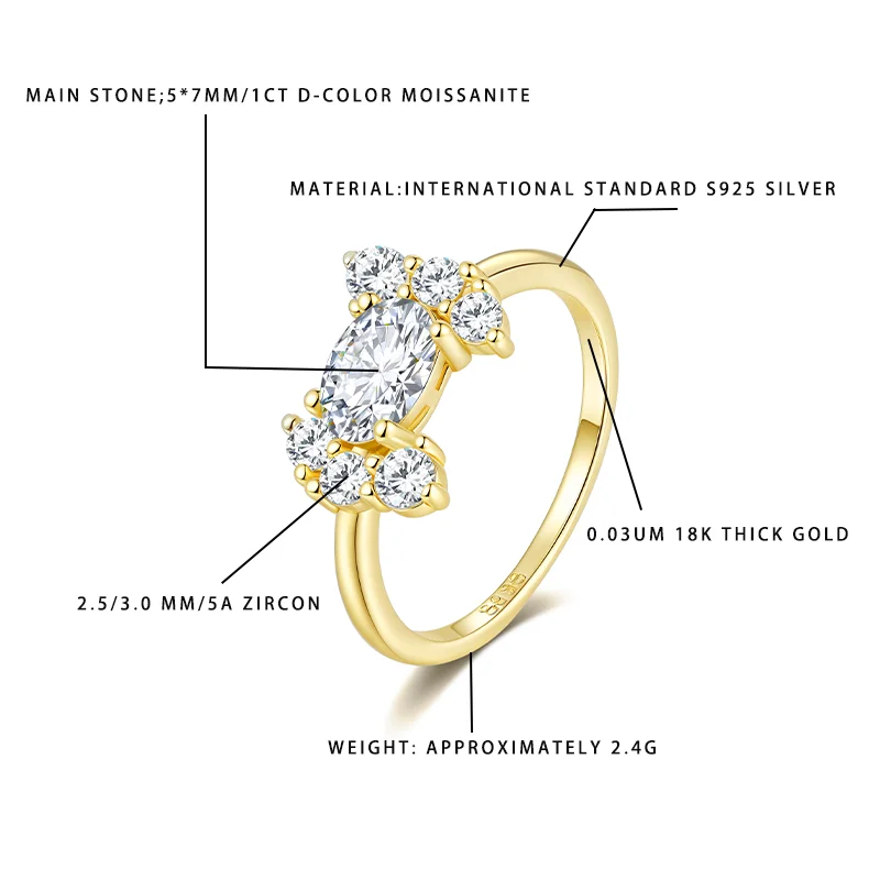 Luxury Oval Moissanite Ring 1 Carat D-Color Gemstone, S925 Silver 18K Gold Plated, 5A Zircon Accents, Fashion Women Wedding Stat
Luxury Oval Moissanite Ring 1 Carat D-Color Gemstone, S925 Silver 18K Gold Plated, 5A Zircon Accents, Fashion Women Wedding Stat