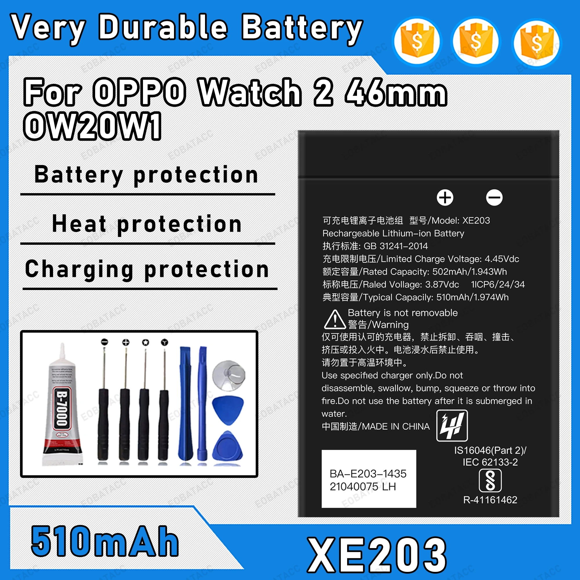 510mAh 100% New XE203 Battery For OPPO Watch 2 46mm Replacement Bateria+Free Tools
510mAh 100% New XE203 Battery For OPPO Watch 2 46mm Replacement Bateria+Free Tools