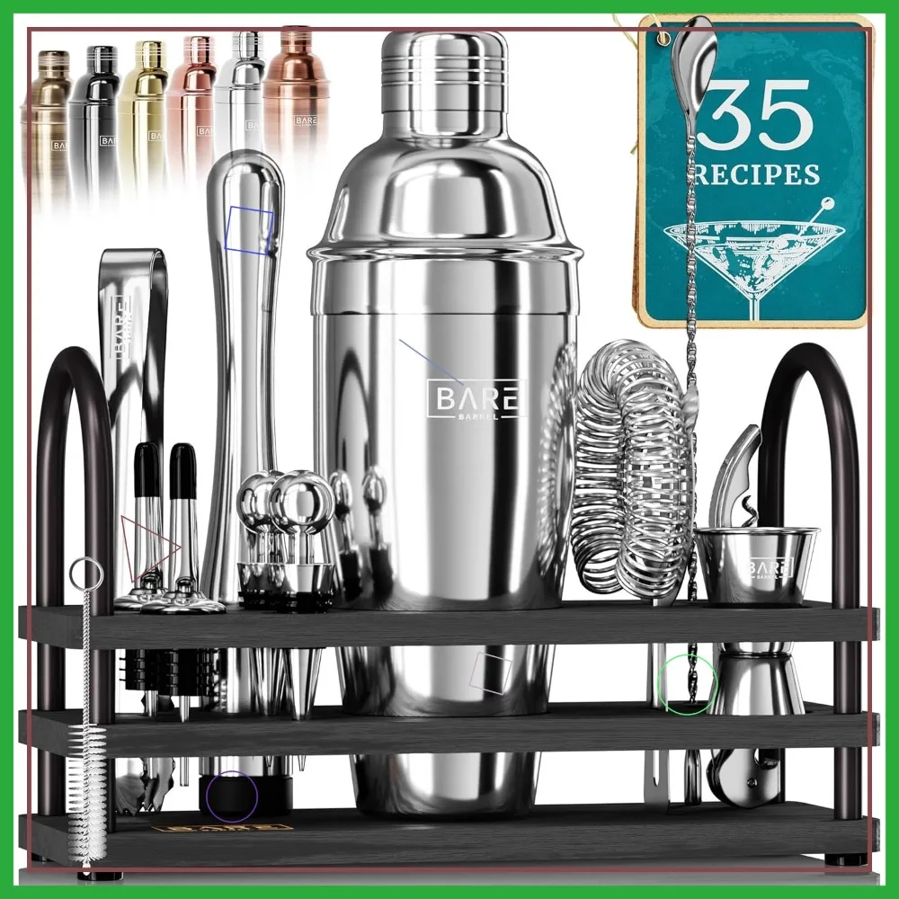 Набор для приготовления коктейлей из 14 предметов с 35 рецептами, серебристо-черная посуда для бара, для домашнего барменства и в качестве подарка
Набор для приготовления коктейлей из 14 предметов с 35 рецептами, серебристо-черная посуда для бара, для домашнего барменства и в качестве подарка