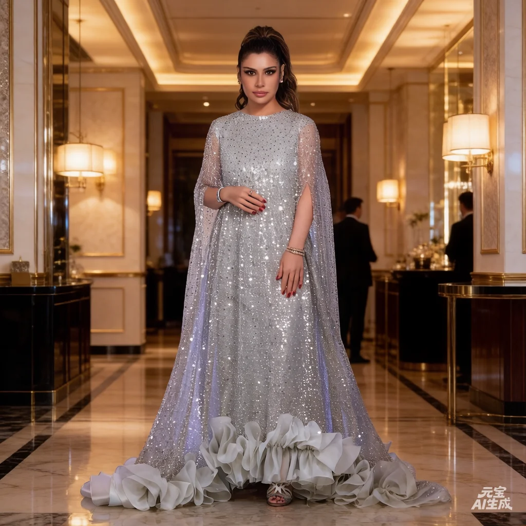 Icy Blue Glitter Cape Evening Gown Long Sleeve Sequin Dress with Tulle Ruffle Train Elegant Bridal Guest Dress for Wedding Prom
Icy Blue Glitter Cape Evening Gown Long Sleeve Sequin Dress with Tulle Ruffle Train Elegant Bridal Guest Dress for Wedding Prom