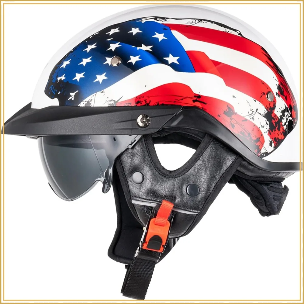 Open Face Motorcycle Helmet VHF04 with Sun Visor, Quick Release Buckle, DOT Approved, Retro Cruiser Pilot Helmet for Adults (Gloss USA Flag, S)
Open Face Motorcycle Helmet VHF04 with Sun Visor, Quick Release Buckle, DOT Approved, Retro Cruiser Pilot Helmet for Adults (Gloss USA Flag, S)